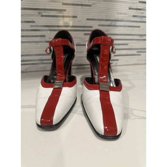 Karl Lagerfeld Red & White T-Strap Heels Square Toe Block Heel Designer Shoes - Picture 2 of 5